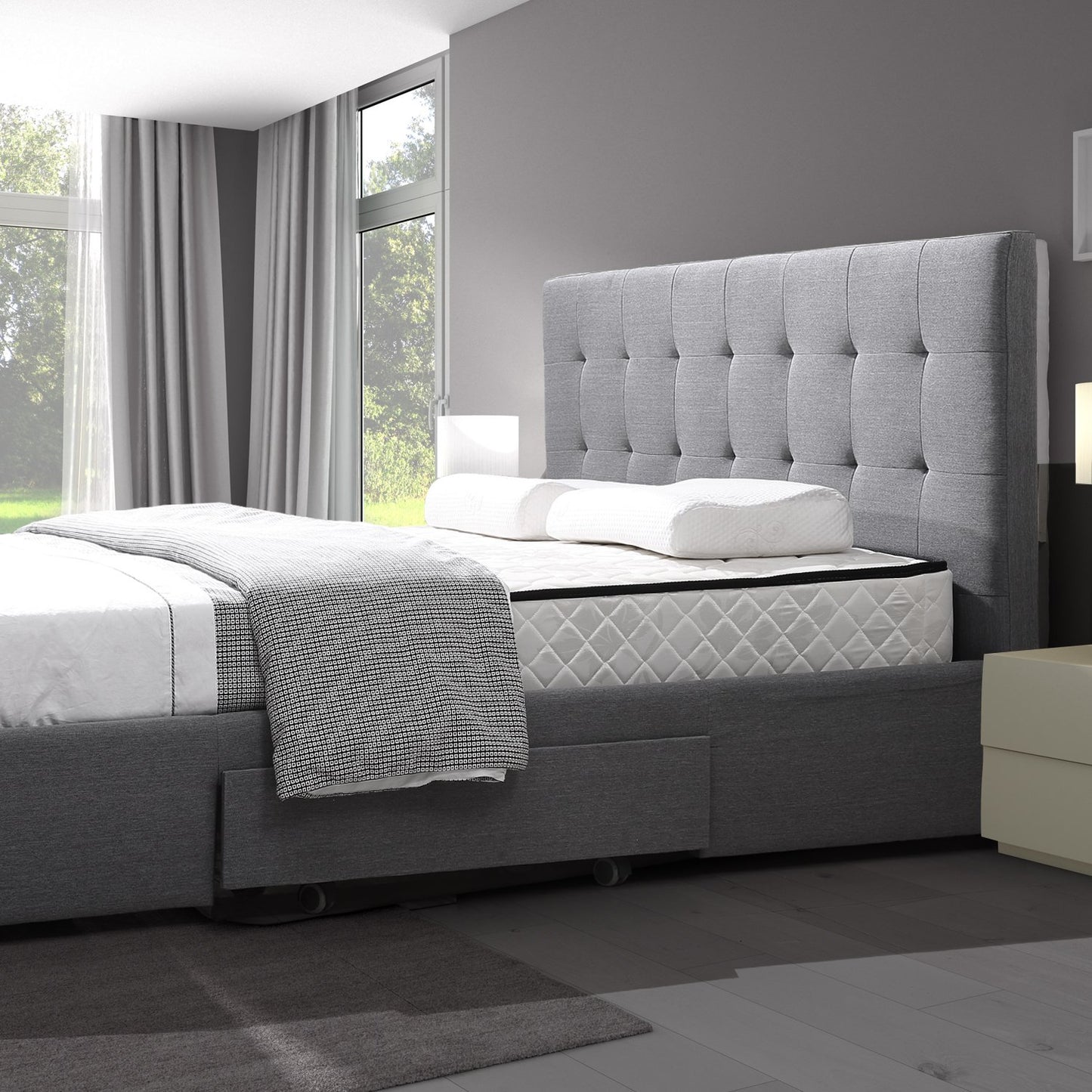 Levede Bed Frame King Fabric With Drawers Storage Beige