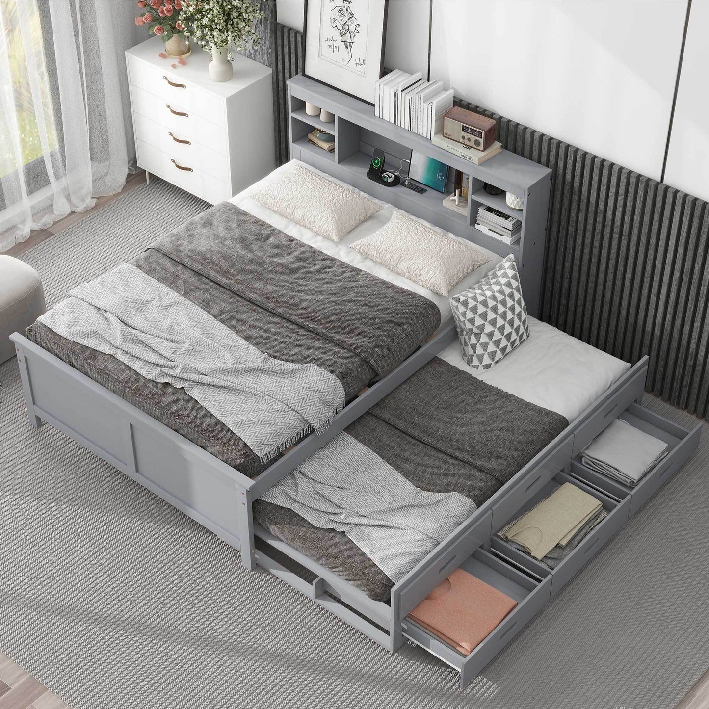Full Size Platform Bed with Storage Headboard, USB, Twin Size Trundle