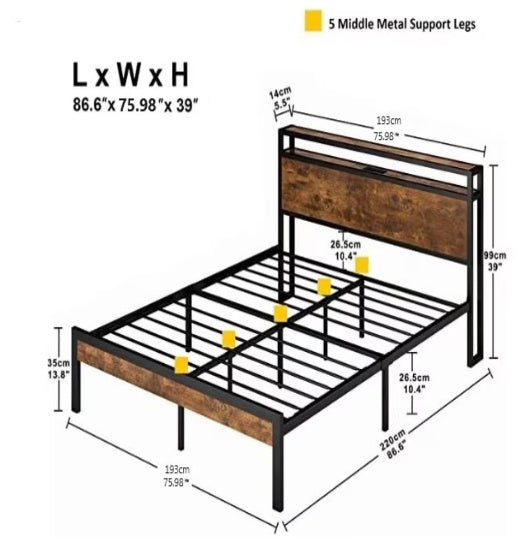 King Size Metal Platform Bed Frame With Wooden Headboard And Footboard