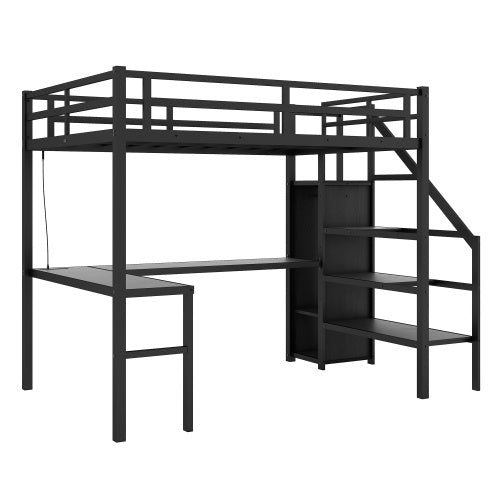 Full XL Size Loft Bed With L-shaped Desk And USB, Metal Loft Bed With