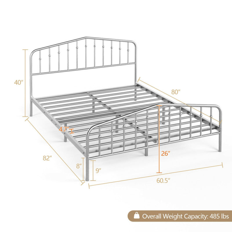 Queen Size Metal Platform Bed Frame with Vintage Headboard and