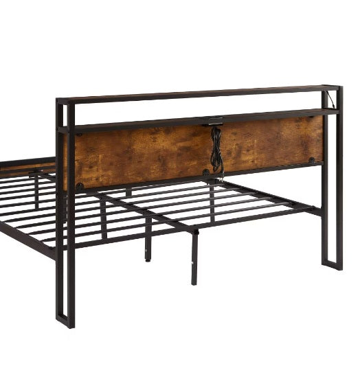 King Size Metal Platform Bed Frame With Wooden Headboard And Footboard