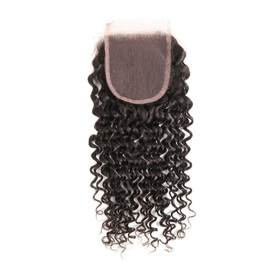 Premium #1B Natural Black Deep Curly Bundles with 4×4 Lace Closure |