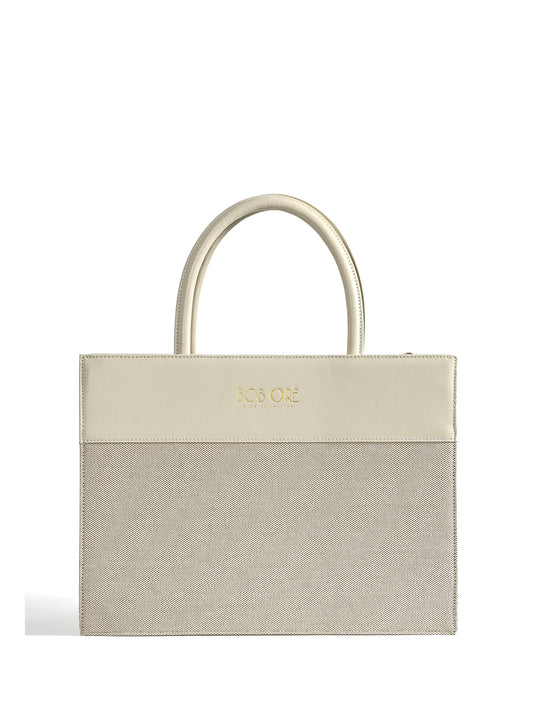 Victoria Tote Leather Canvas Combo Bag, White