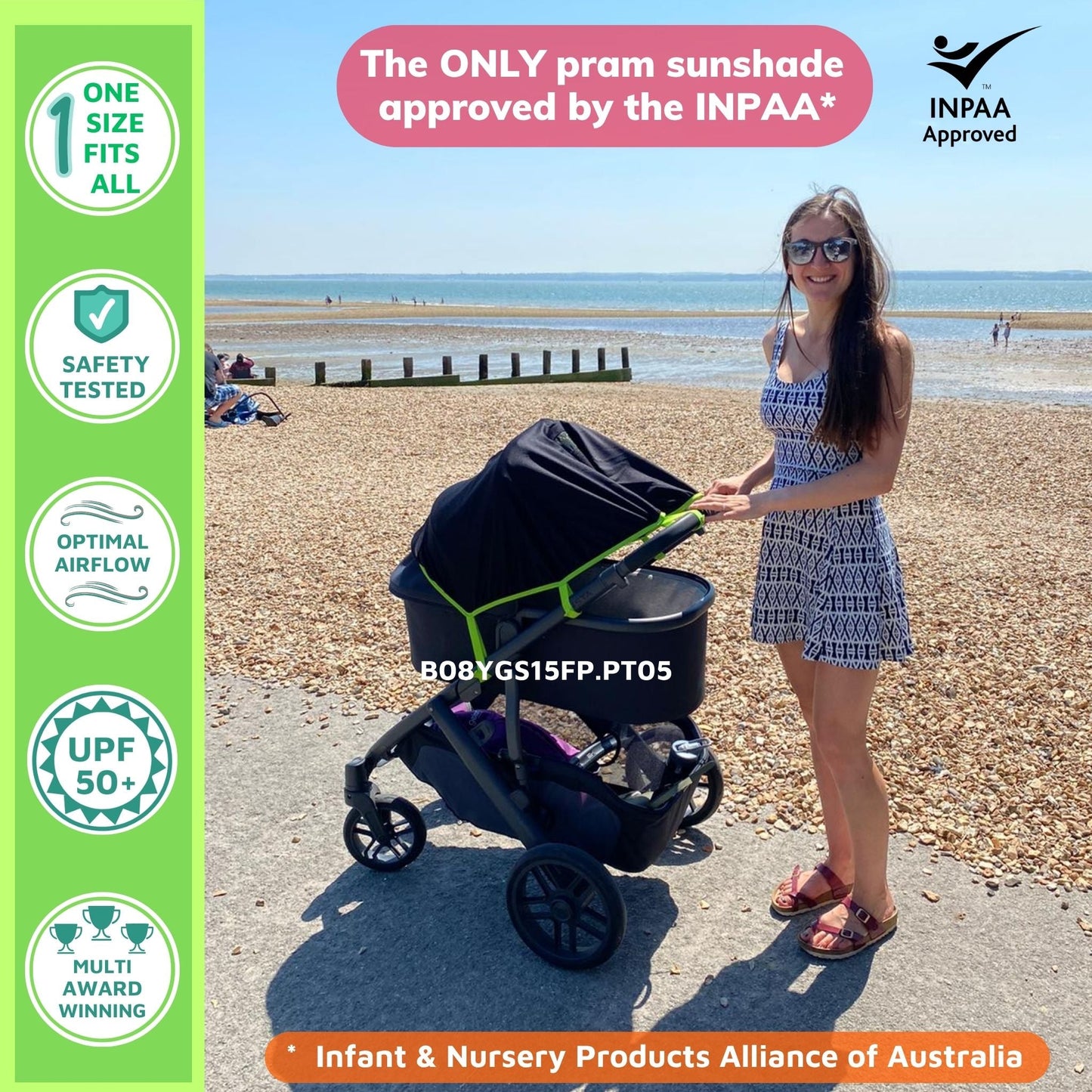 SnoozeShade Original Pram Sunshade & Baby Sleep Aid,  99% UV Protection for Newborns - Safety Green trim