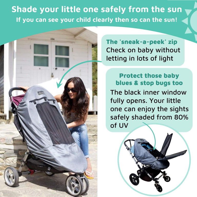 SnoozeShade Plus Deluxe (6m+)  Premium Sunshade & Mosquito Net for Pushchairs Blocks 97.5% UV & Supports Naps