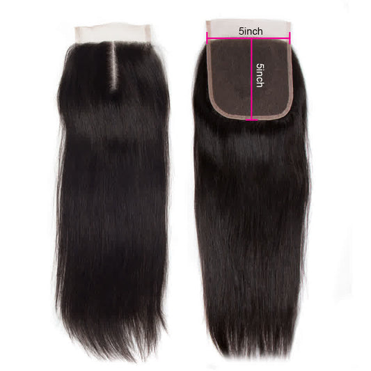 Premium #1B Natural Black Straight Bundles with 5×5 Lace Closure |