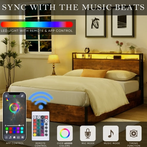 Lift-up Storage Bed Frame, Full Size Bed Frame With Bookcase Headboard