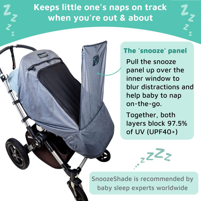 SnoozeShade Plus Deluxe (6m+)  Premium Sunshade & Mosquito Net for Pushchairs Blocks 97.5% UV & Supports Naps