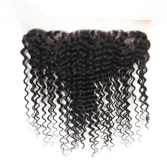 Premium #1B Natural Black Deep Curly Bundles with 13×4 Lace Frontal |