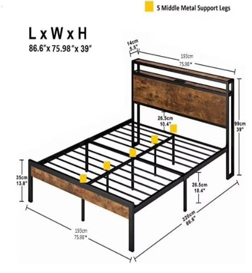 King Size Metal Platform Bed Frame With Wooden Headboard And Footboard
