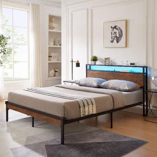 King Size Metal Platform Bed Frame With Wooden Headboard And Footboard