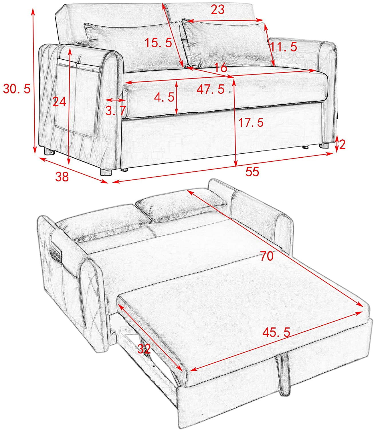 55″ Velvet Convertible Sofa Bed with Adjustable Backrest