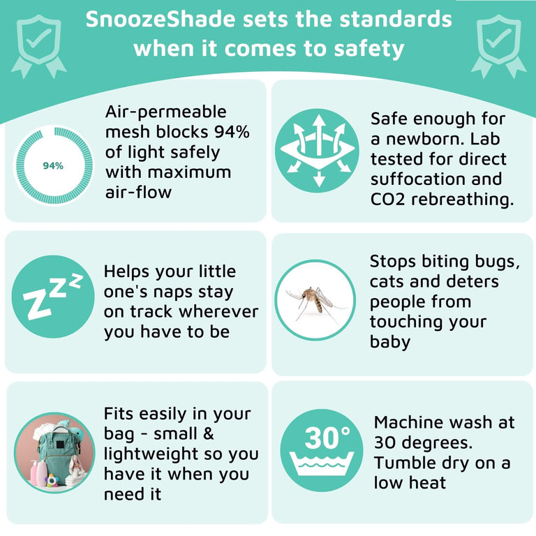 SnoozeShade Plus Deluxe (6m+)  Premium Sunshade & Mosquito Net for Pushchairs Blocks 97.5% UV & Supports Naps