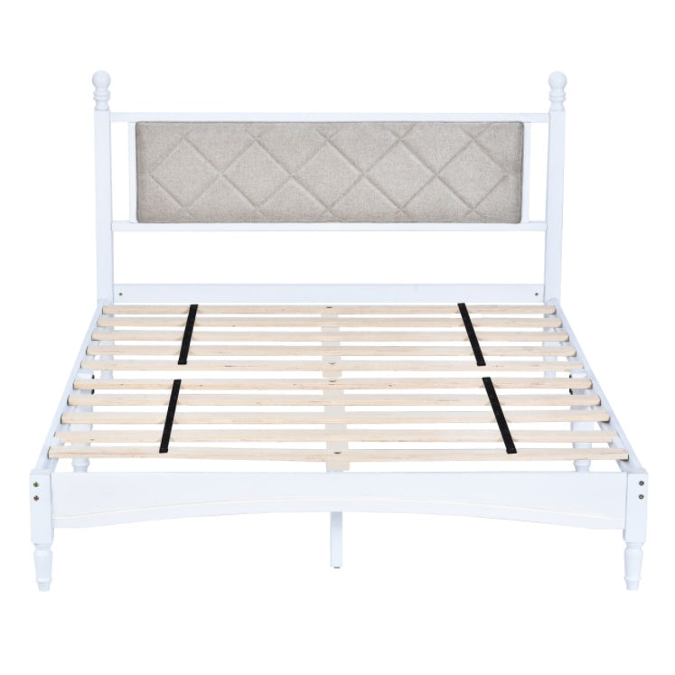 Wooden Bed Frame With Fabric Headboard, Solid Rubberwood With Wooden