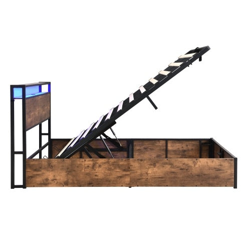 Lift-up Storage Bed Frame, Full Size Bed Frame With Bookcase Headboard
