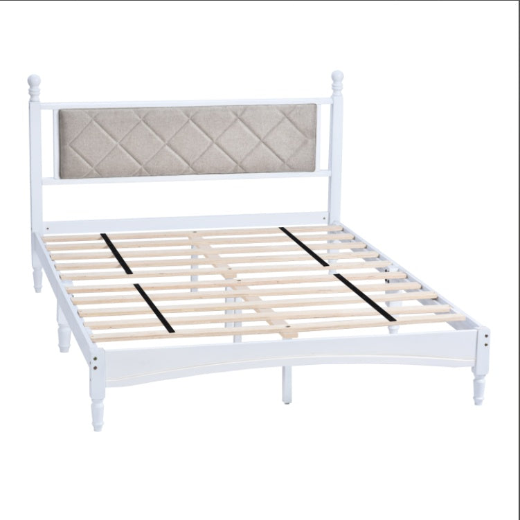 Wooden Bed Frame With Fabric Headboard, Solid Rubberwood With Wooden