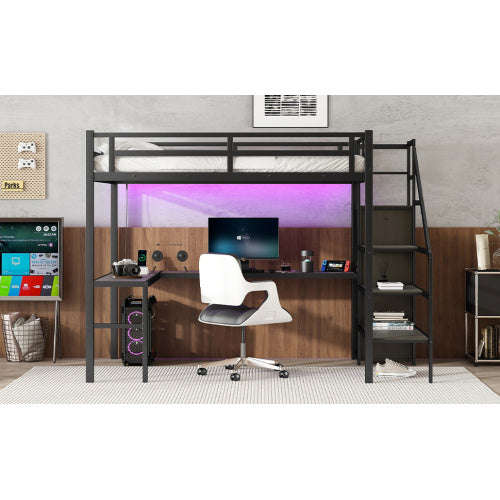 Full XL Size Loft Bed With L-shaped Desk And USB, Metal Loft Bed With