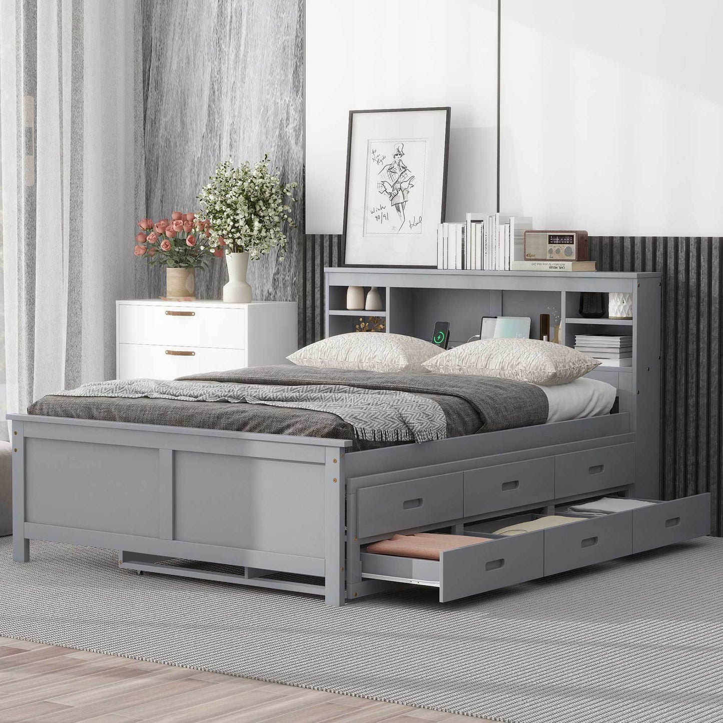 Full Size Platform Bed with Storage Headboard, USB, Twin Size Trundle