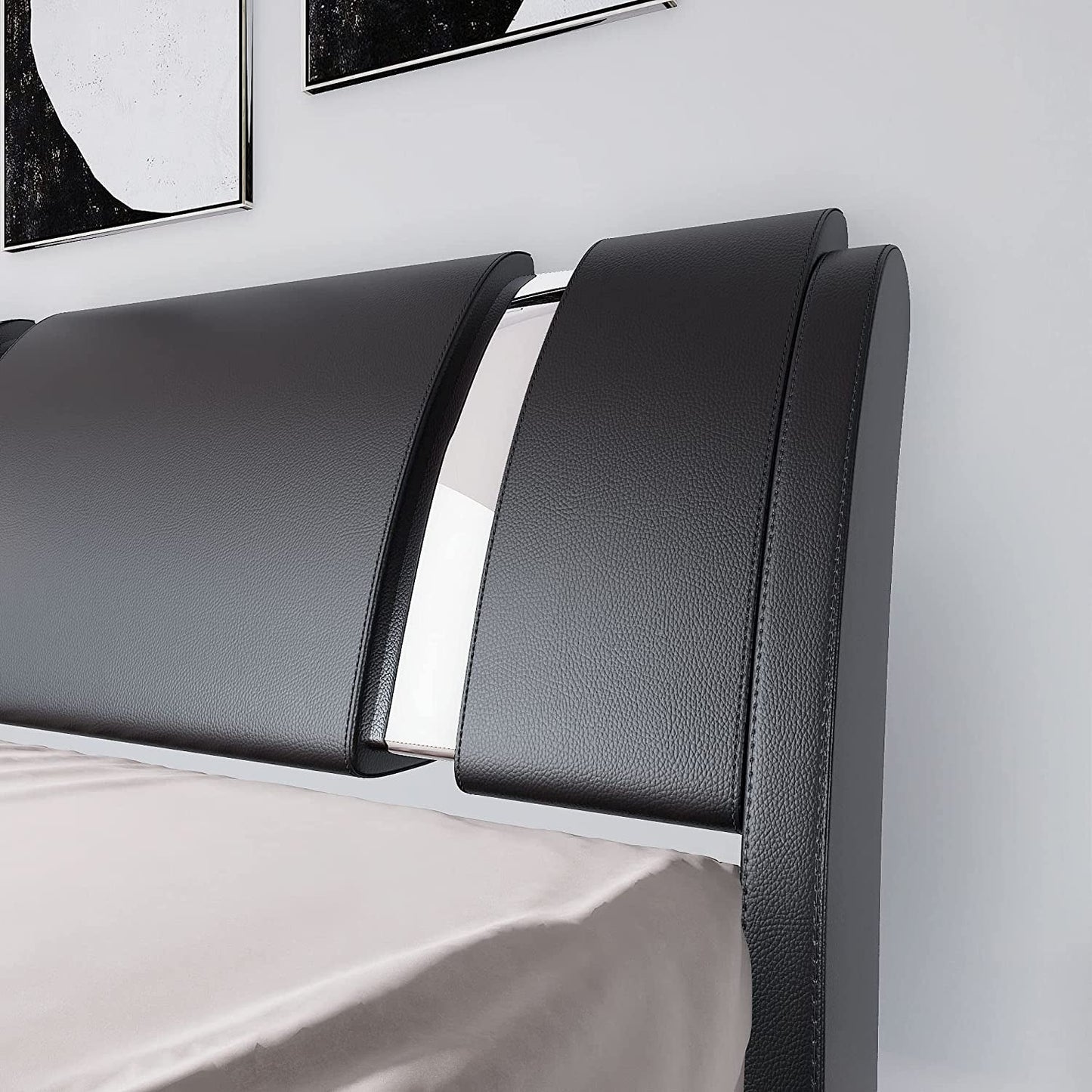 Black King Leather Bed, Adjustable Curved Headboard, Modern