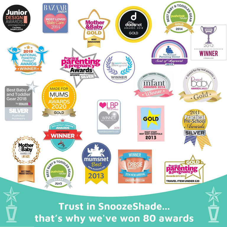 SnoozeShade Plus Deluxe (6m+)  Premium Sunshade & Mosquito Net for Pushchairs Blocks 97.5% UV & Supports Naps