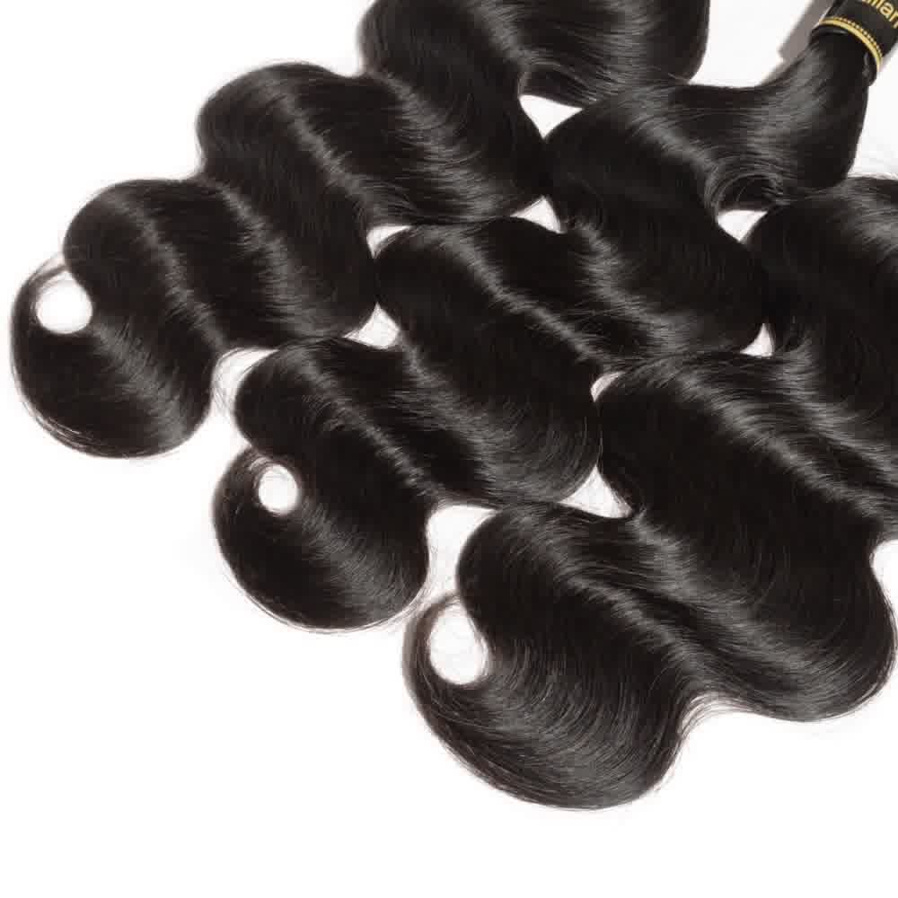 Premium #1B Natural Black Body Wave Bundles with 13×4 Lace Frontal |