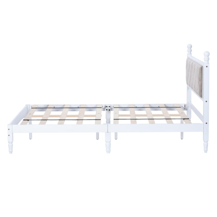 Wooden Bed Frame With Fabric Headboard, Solid Rubberwood With Wooden