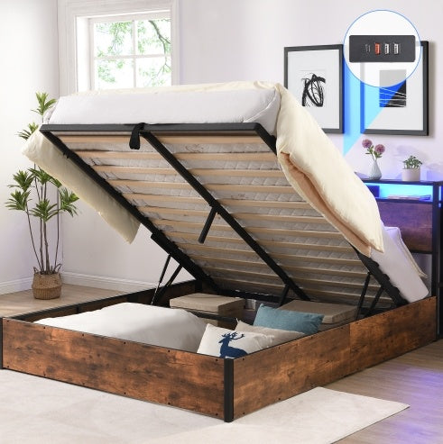 Lift-up Storage Bed Frame, Full Size Bed Frame With Bookcase Headboard