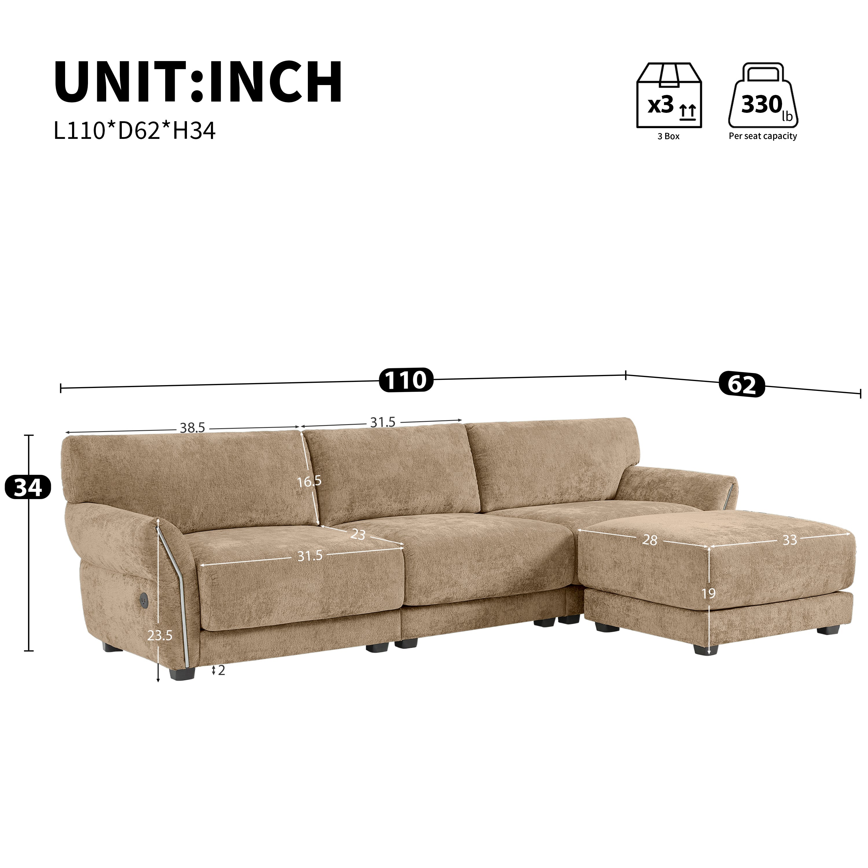 110' Modular Sectional Sofa, L-Shape with Extra-Wide Seat Cushion, USB