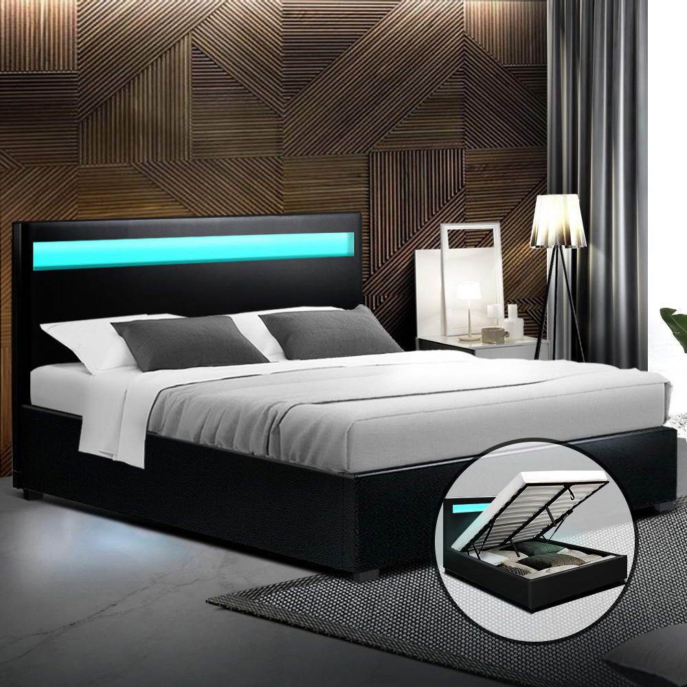 Artiss Bed Frame Double Size LED Gas Lift Black COLE