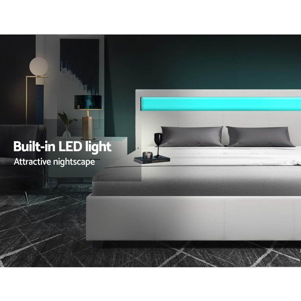 Artiss Bed Frame Double Size LED Gas Lift White COLE