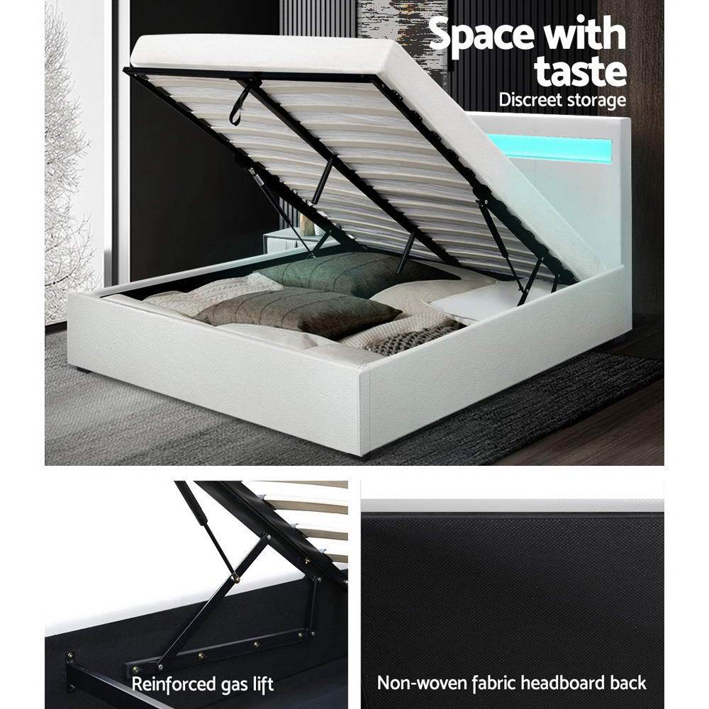 Artiss Bed Frame Double Size LED Gas Lift White COLE