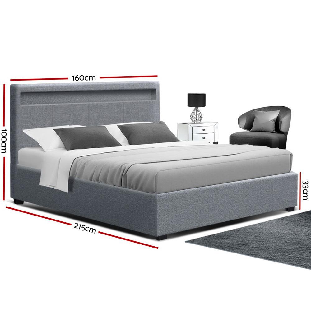 Artiss Bed Frame Queen Size LED Gas Lift Grey COLE