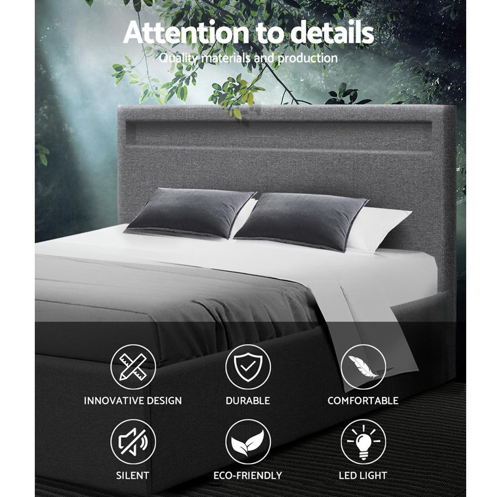 Artiss Bed Frame Queen Size LED Gas Lift Grey COLE