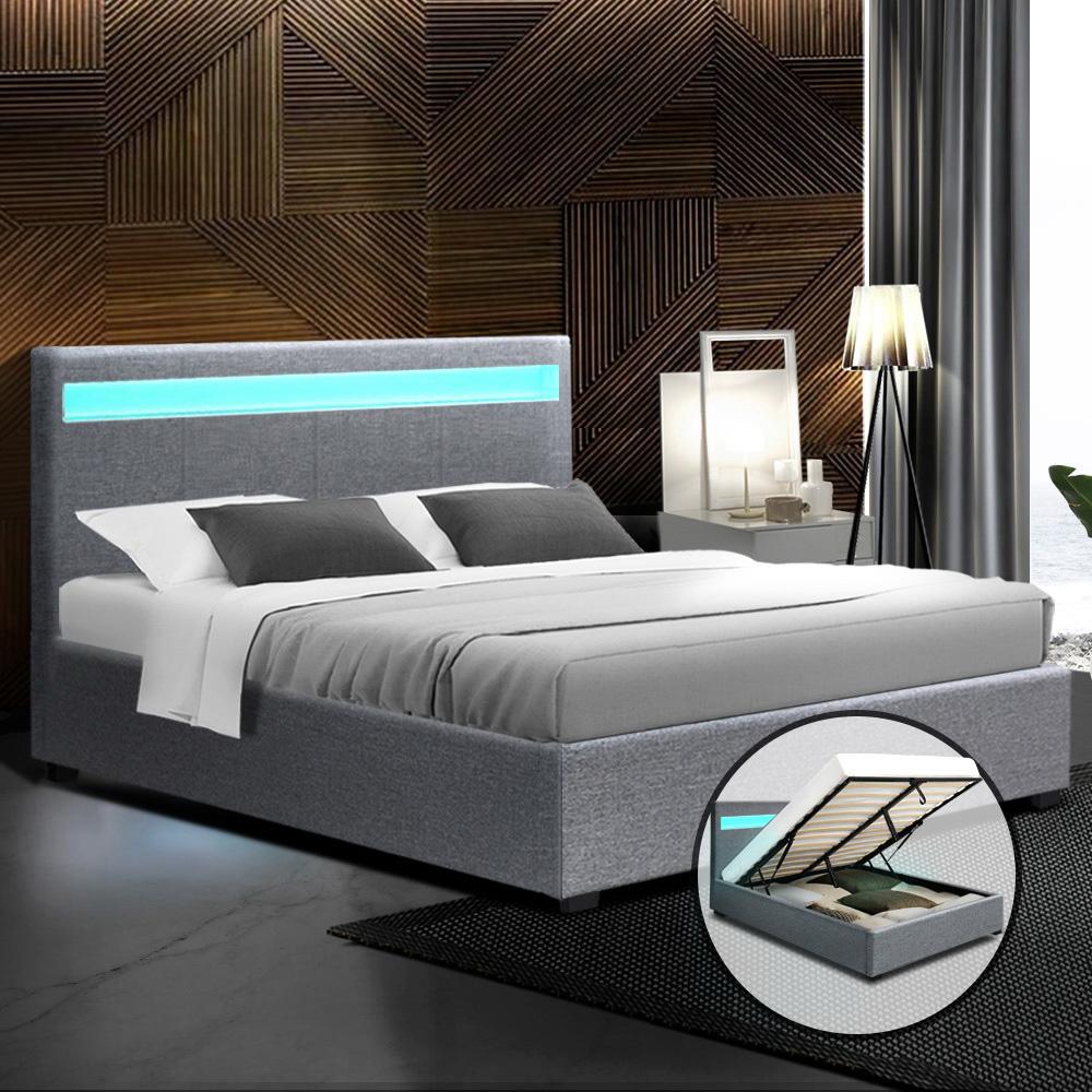 Artiss Bed Frame Queen Size LED Gas Lift Grey COLE