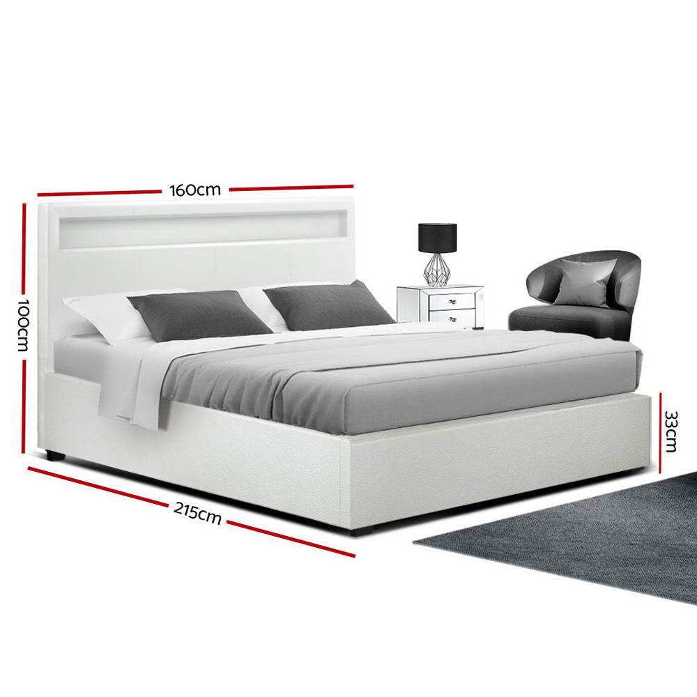 Artiss Bed Frame Queen Size LED Gas Lift White COLE