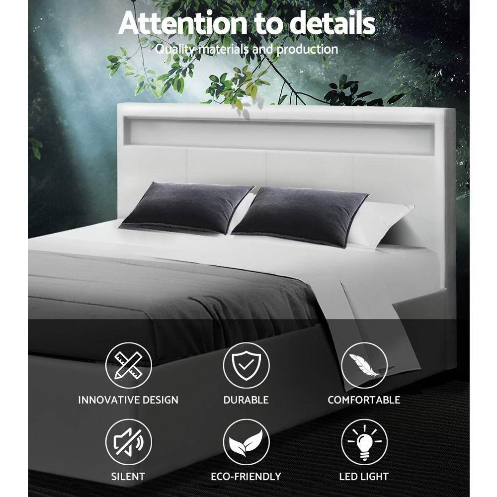 Artiss Bed Frame Queen Size LED Gas Lift White COLE