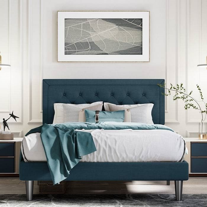 King Adjustable Height Platform Bed Frame with Blue Upholstered