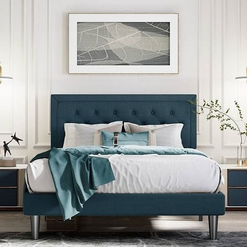 King Adjustable Height Platform Bed Frame with Blue Upholstered