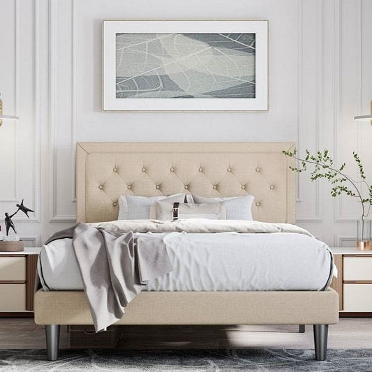 Queen Adjustable Height Platform Bed Frame with Beige Upholstered