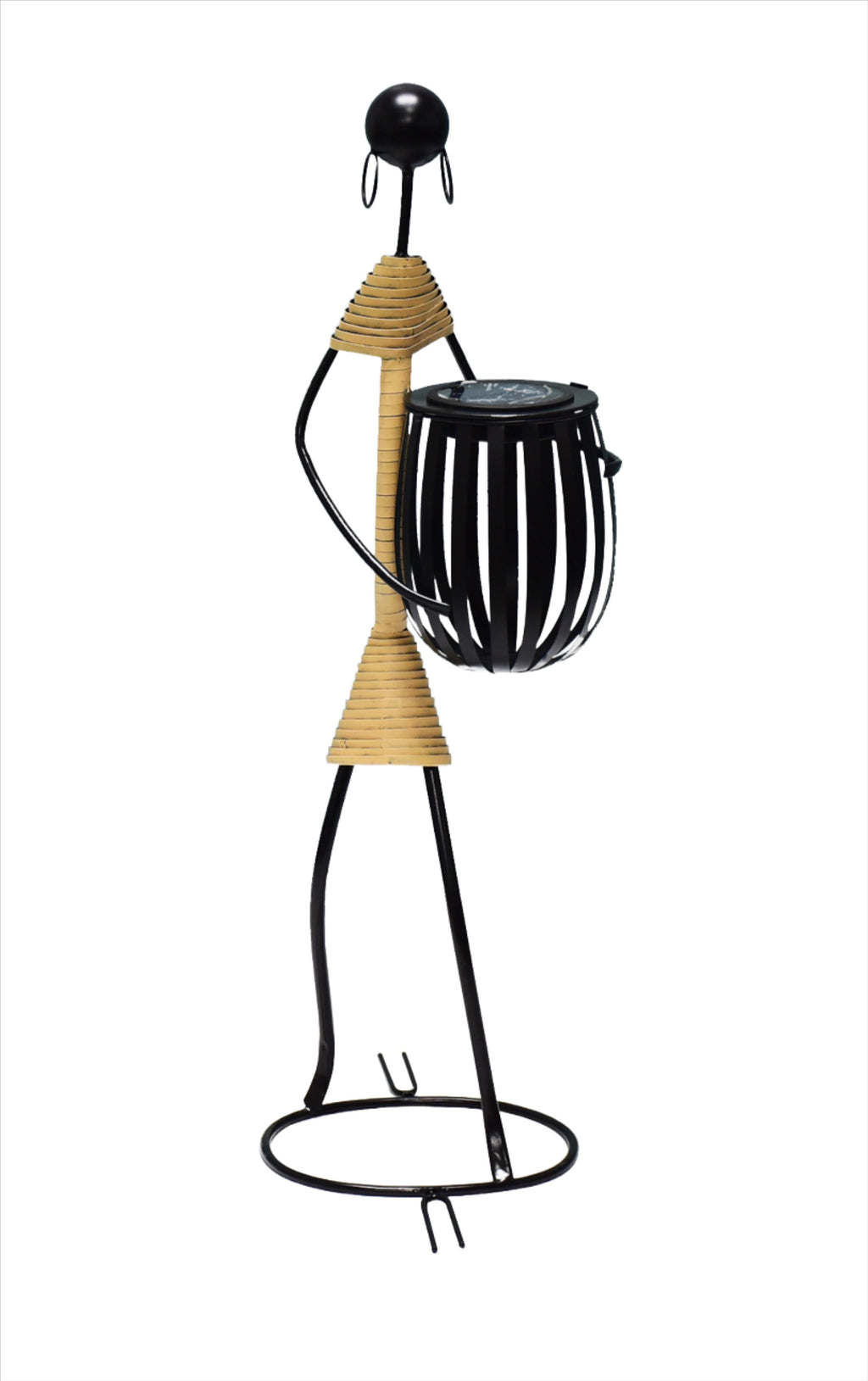 Abstract Tribal Lady Figurine Metal Sculpture holding Solar LED light