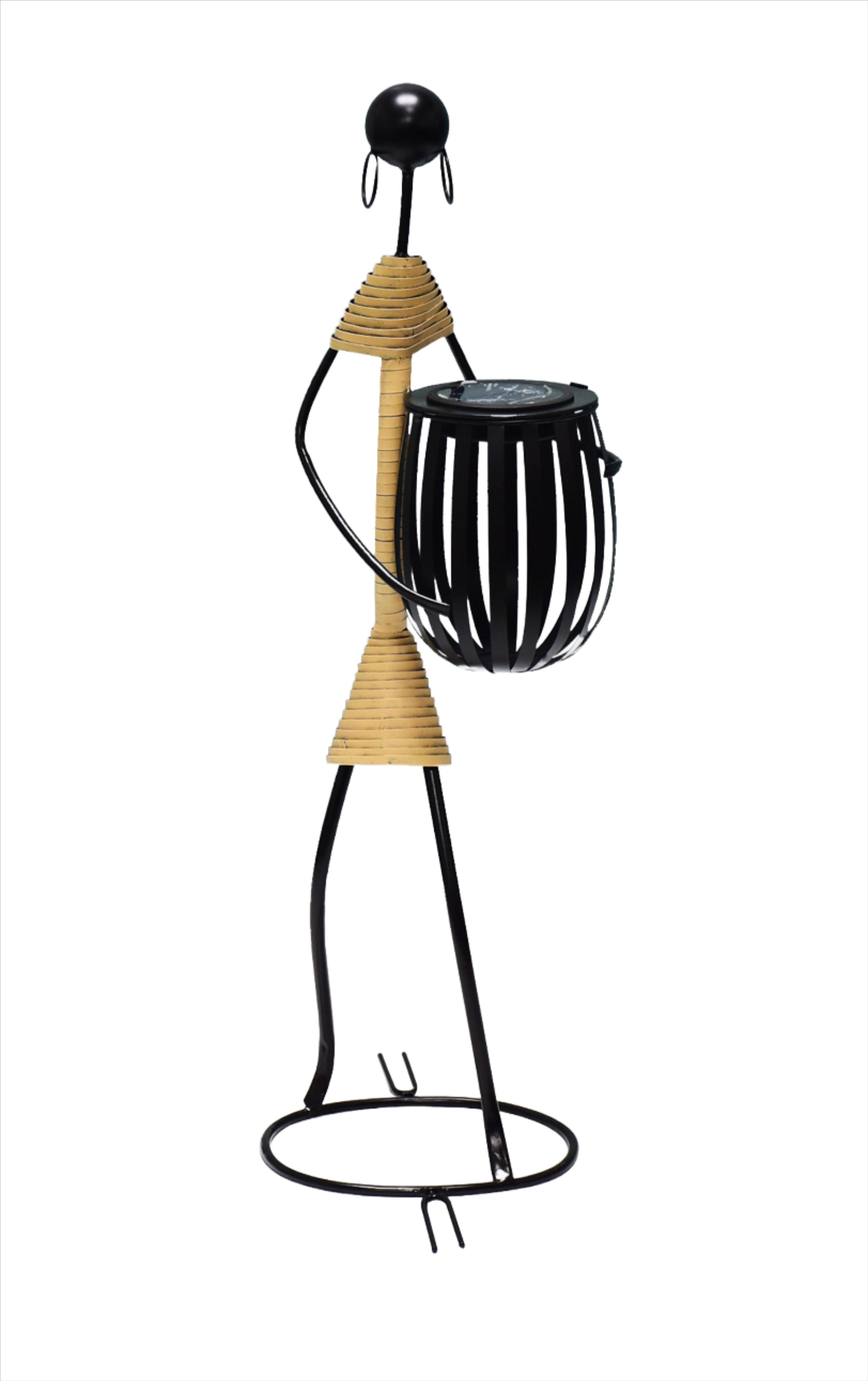 Abstract Tribal Lady Figurine Metal Sculpture holding Solar LED light