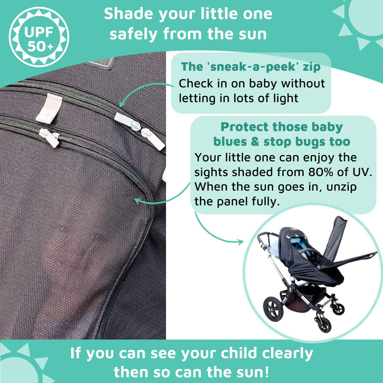 SnoozeShade Plus Extra (6m+) Universal Pushchair & Buggy Sunshade Blocks 99% of UV & Aids Baby Naps