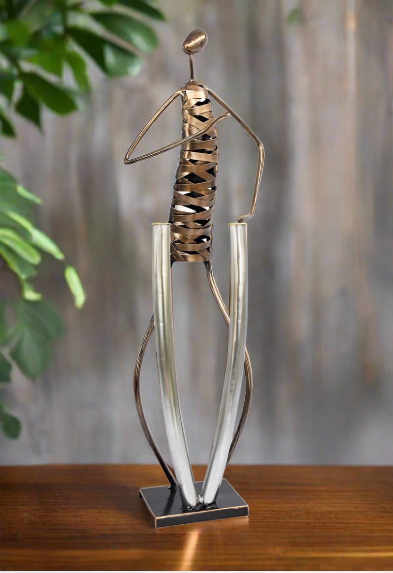 Playing  Drum Musician Brush Bronze Color Metal Sculpture