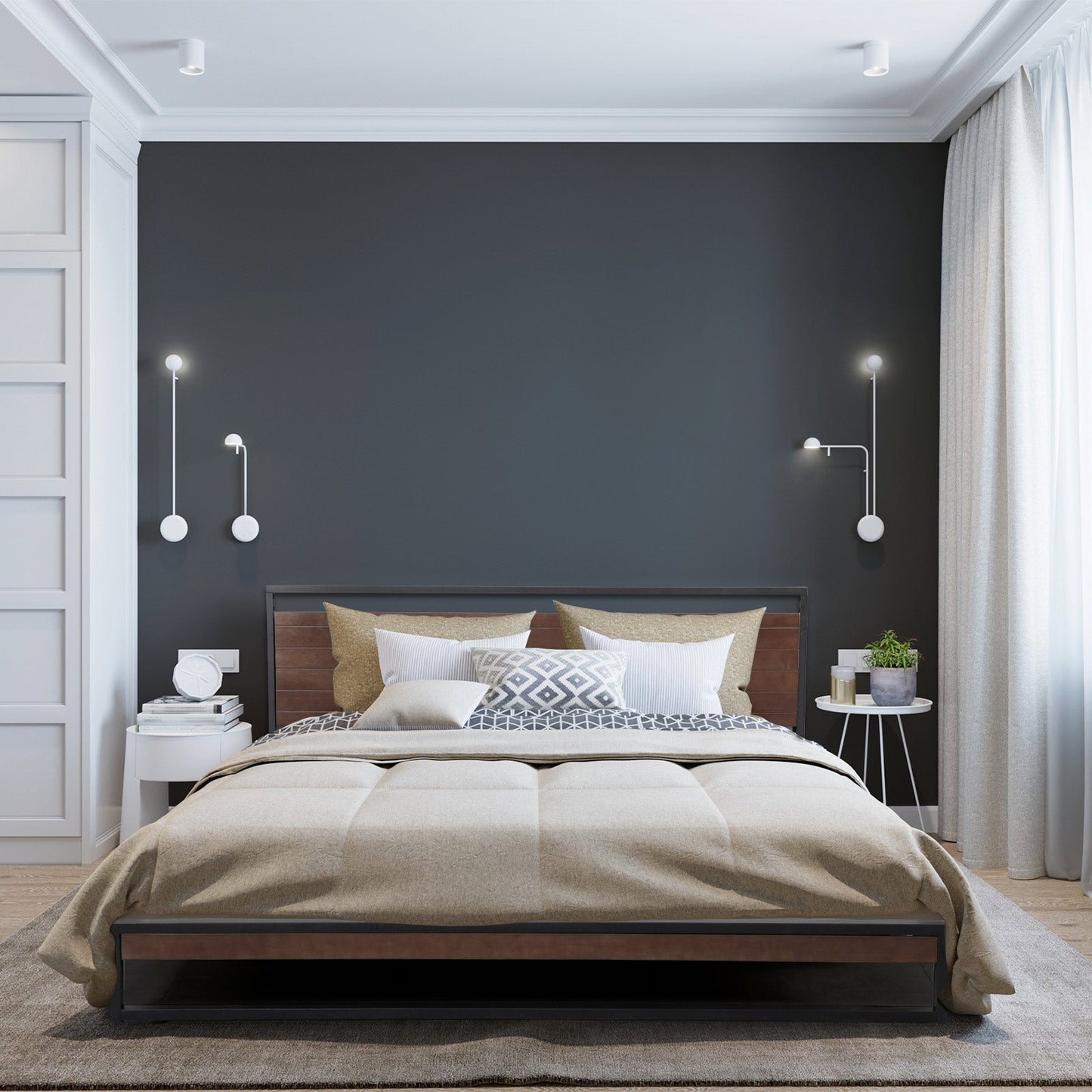 Milano Decor Azure Bed Frame With Headboard Black Wood Steel Platform