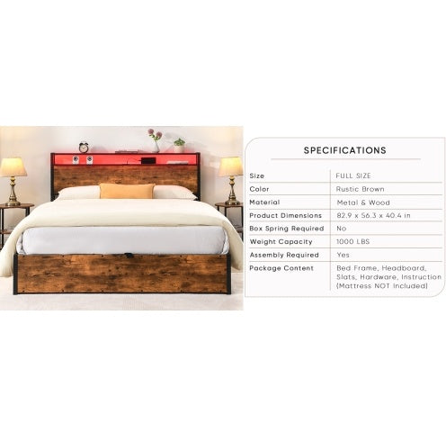 Lift-up Storage Bed Frame, Full Size Bed Frame With Bookcase Headboard