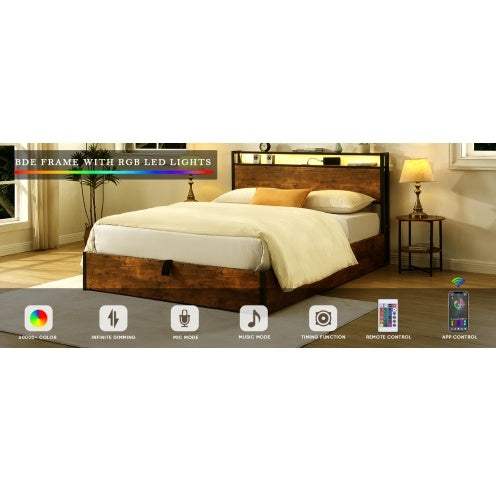 Lift-up Storage Bed Frame, Full Size Bed Frame With Bookcase Headboard