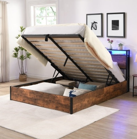Lift-up Storage Bed Frame, Full Size Bed Frame With Bookcase Headboard