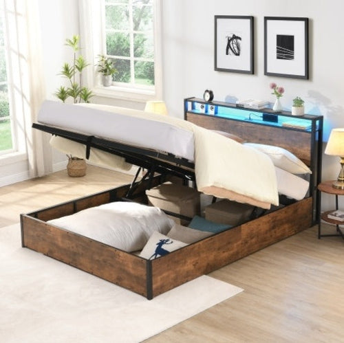Lift-up Storage Bed Frame, Full Size Bed Frame With Bookcase Headboard