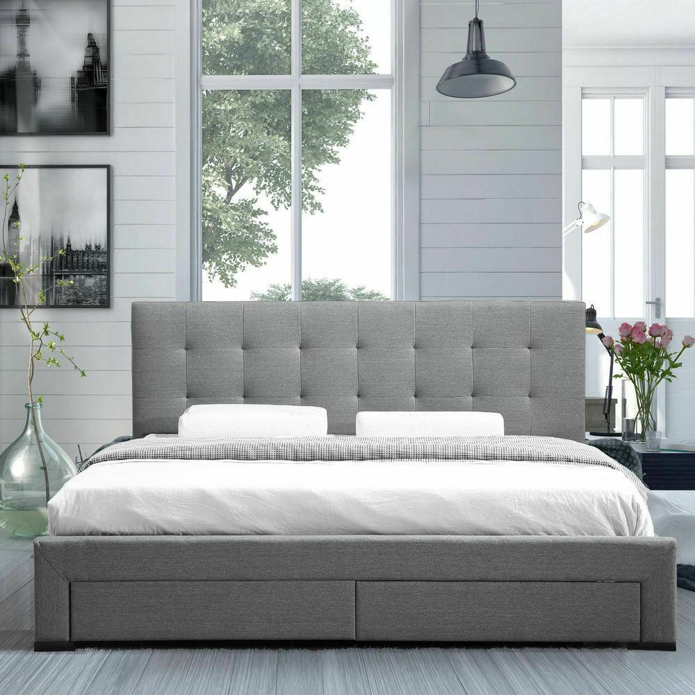 Levede Bed Frame King Fabric With Drawers Storage Beige